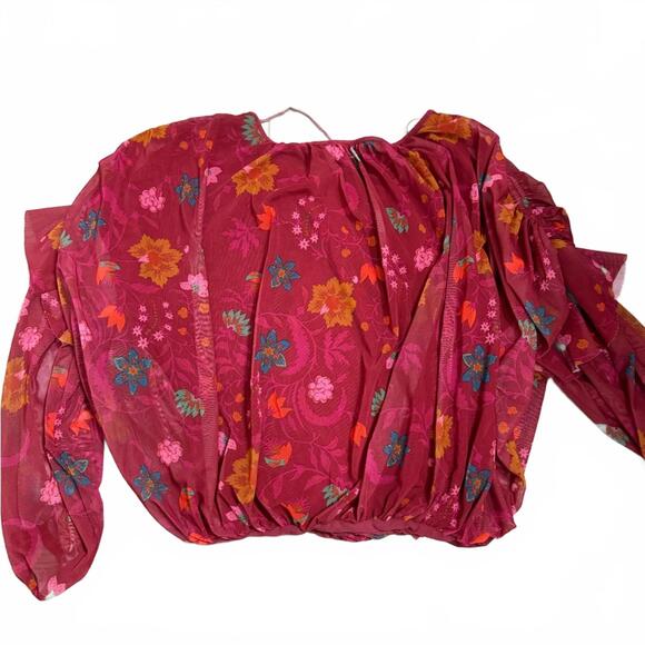 Free People Red Wildflower Honey Floral Ruffle Mesh Lined Blouse Top- Size XS - Picture 3 of 8